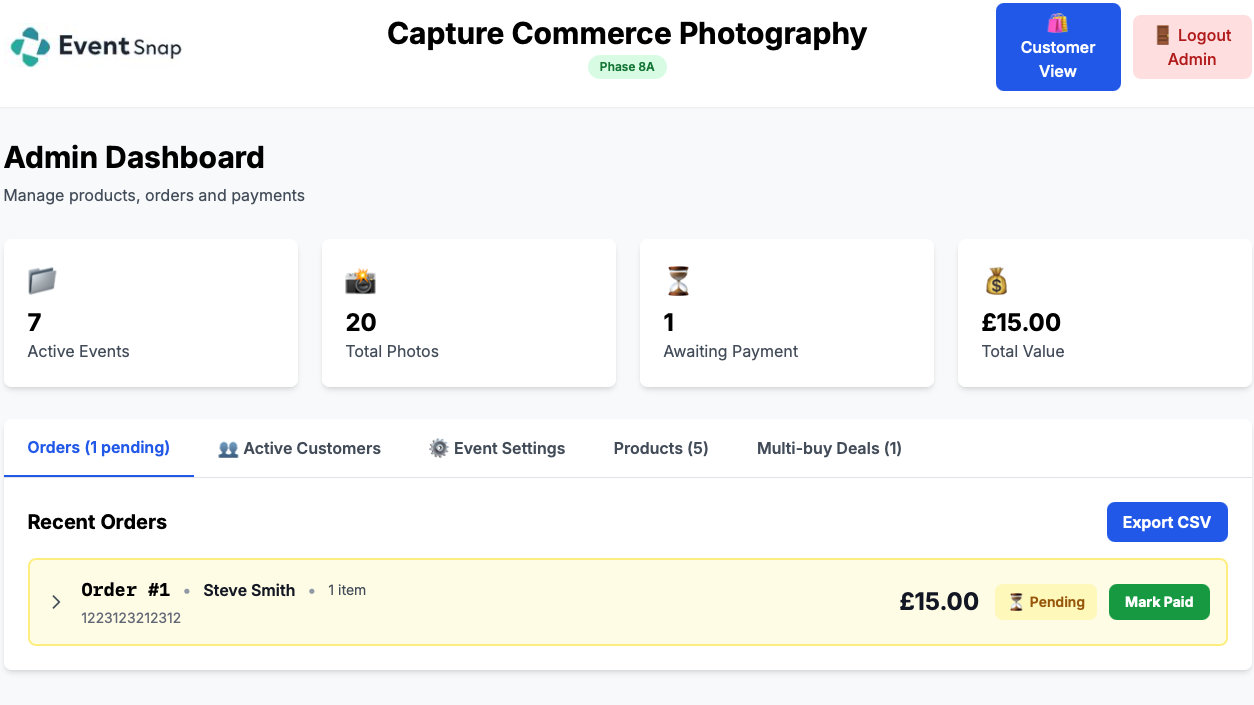 EventSnap real-time admin dashboard for event photography order management